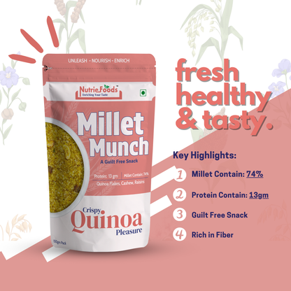 Nutriefoods Millet Munch-Crispy Quinoa Pleasure, Blend of Quinoa Millet, Cashews, and Raisins Mixture (100gm)