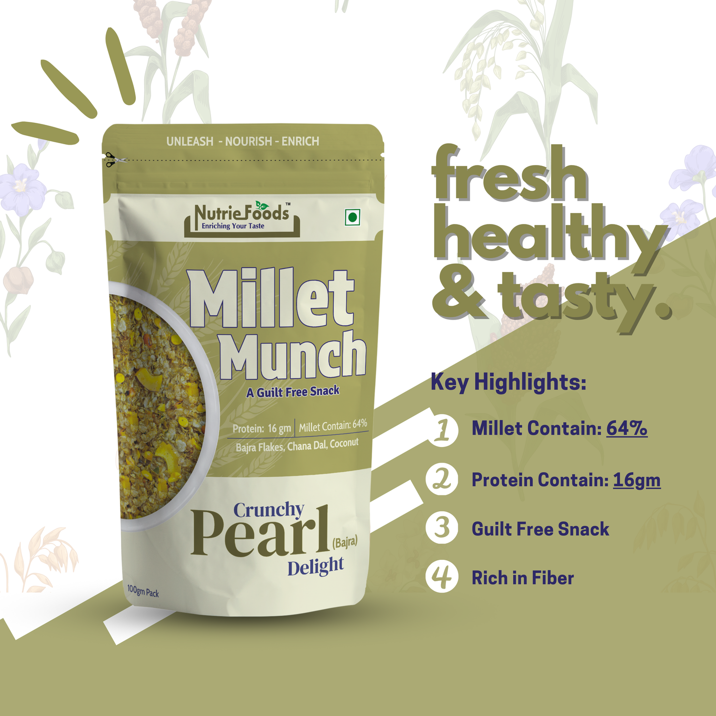 Nutriefoods Millet Munch- Crunchy Pearl Delight, Blend of Pearl Millet and Coconut Flakes Mixture (100gm)