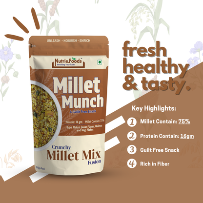 Nutriefoods Millet Munch- Crunchy Millet Mix Fusion, Sorghum, Pearl, Quinoa and Ragi Flakes Mixture (100gm)