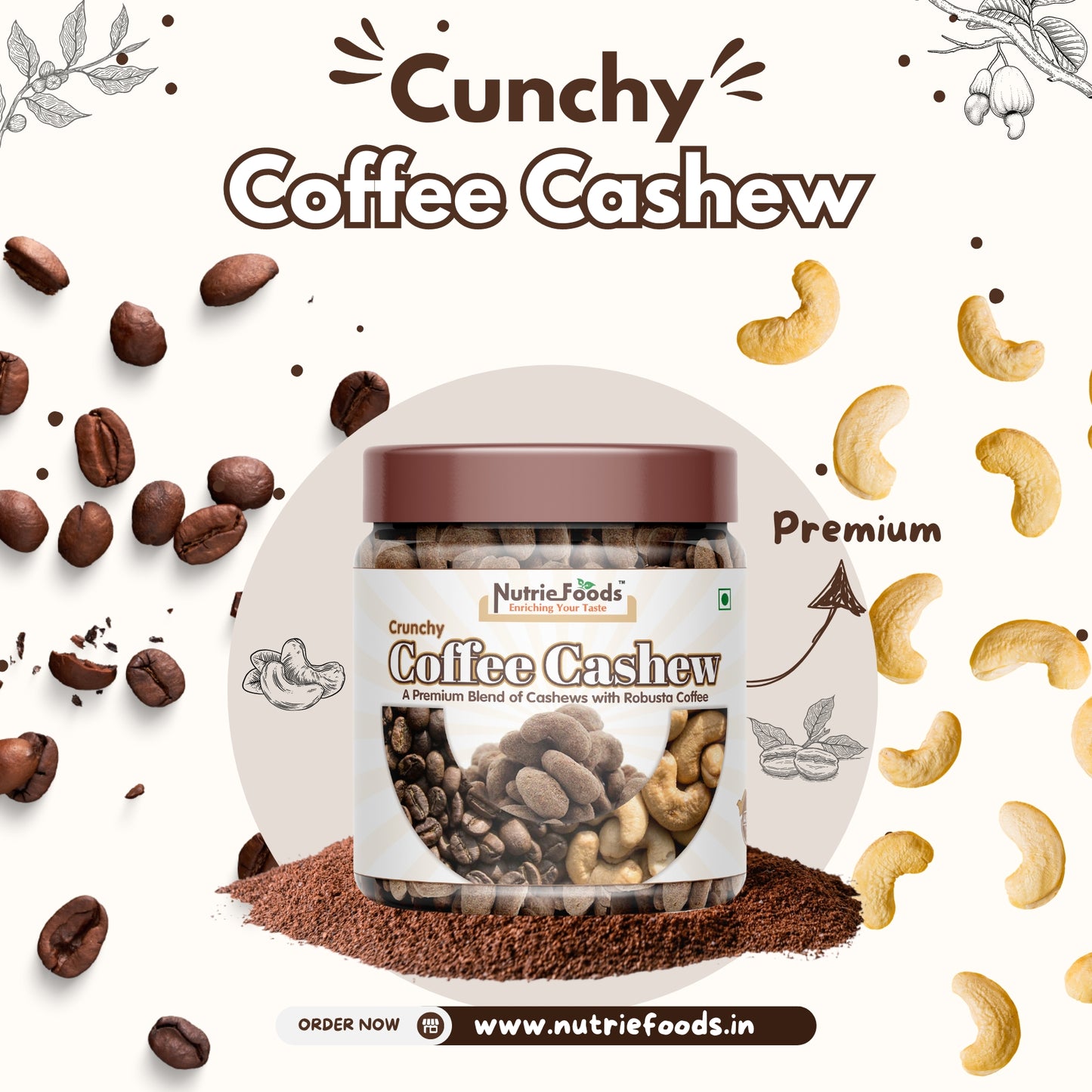 Nutriefoods Crunchy Coffee Cashew | A Premium Blend of Cashews with Robusta Coffee | A Crunchy Delight (250gm)