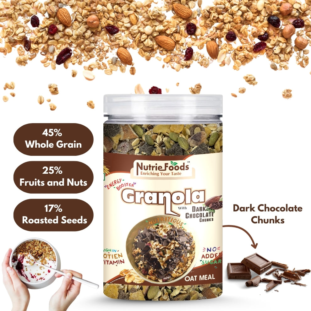 Nutriefoods Energy Booster Oat Meal (Granola) with No Added Sugar Dark Chocolate | Blend of Oats, Berries, Dried Fruits, Nuts, and Seeds (400gm)