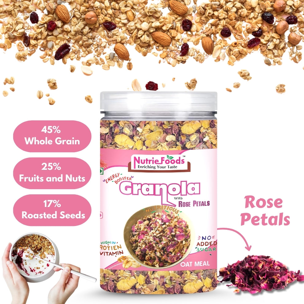 Nutriefoods Energy Booster Oat Meal (Granola) with Rose Petals | Blend of Oats, Berries, Dried Fruits, Nuts, and Seeds (400gm)