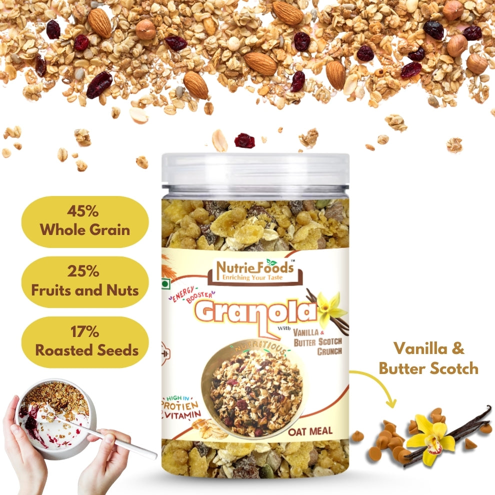 Nutriefoods Energy Booster Oat Meal (Granola) with Vanilla and Butterscotch Crunch | Blend of Oats, Berries, Dried Fruits, Nuts, and Seeds (400gm)