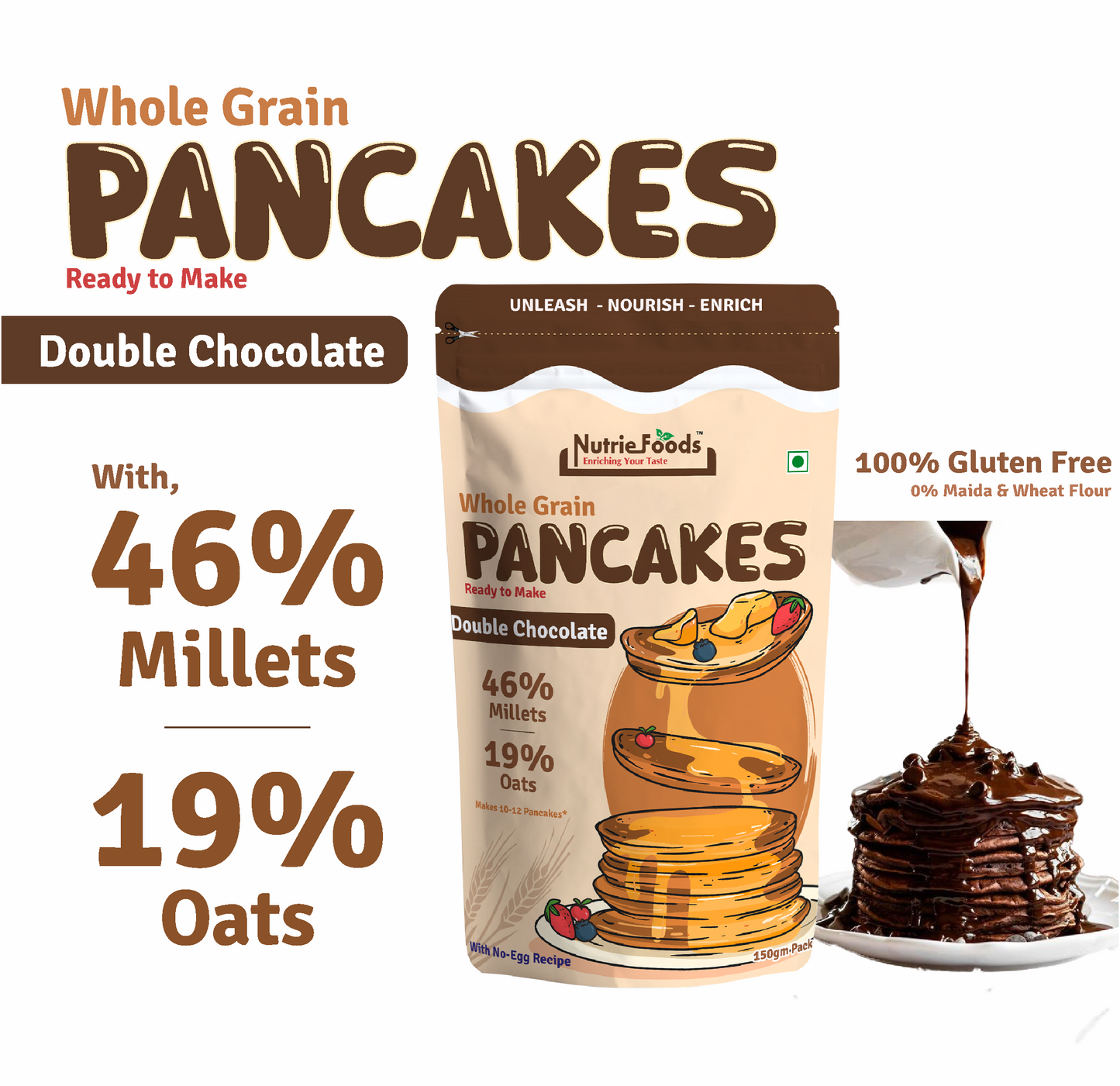 Nutriefoods Millet Pancakes Mix, 0% Maida, Contains Millets (46%)- Jawar, Amaranath and Foxtail; Oats (19%), Gluten Free,  Double Chocolate (150gm)