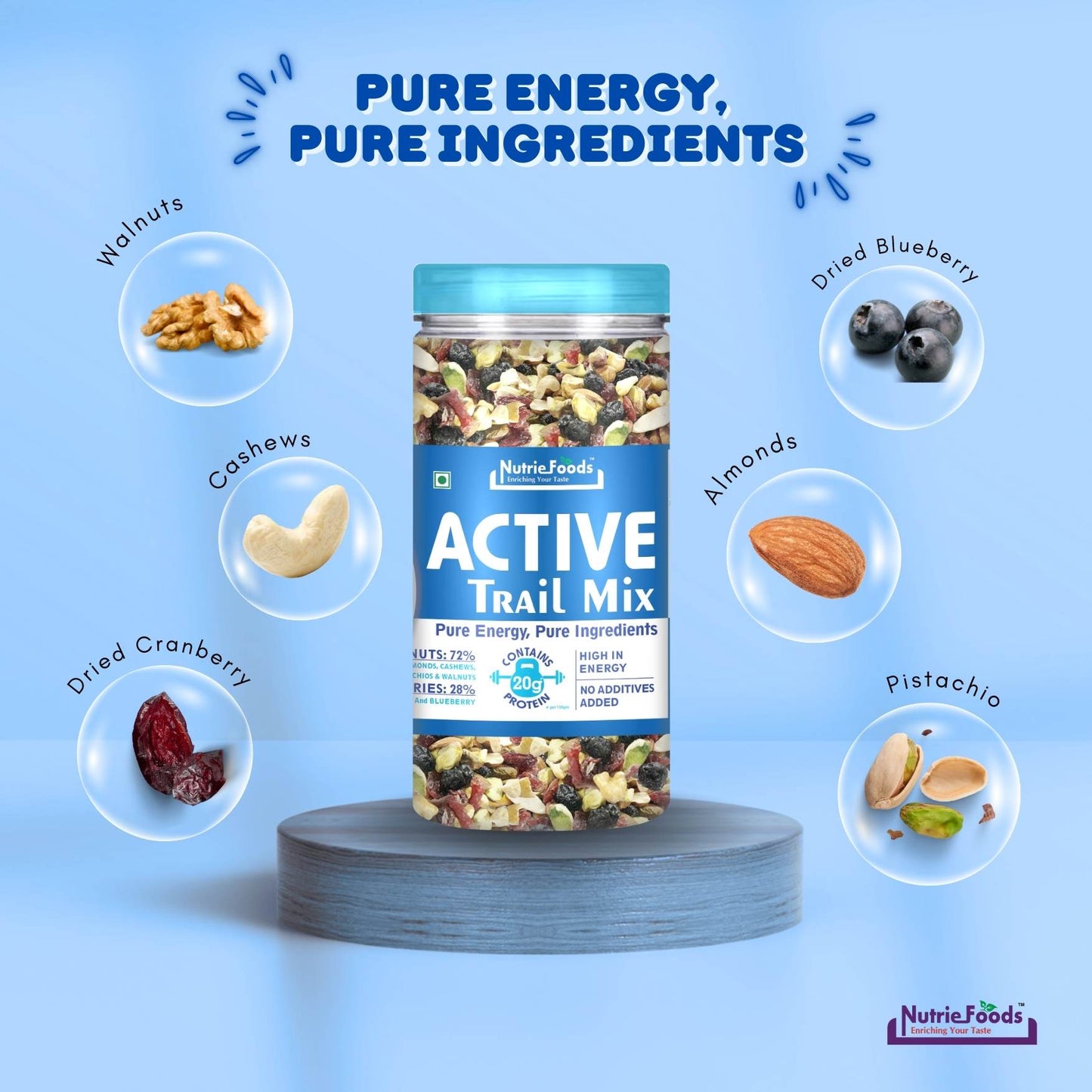 Nutriefoods Active Trail Mix | Blend of Almonds, Walnuts, Pistachio, Cashews, Cranberry and Blueberry (150g)