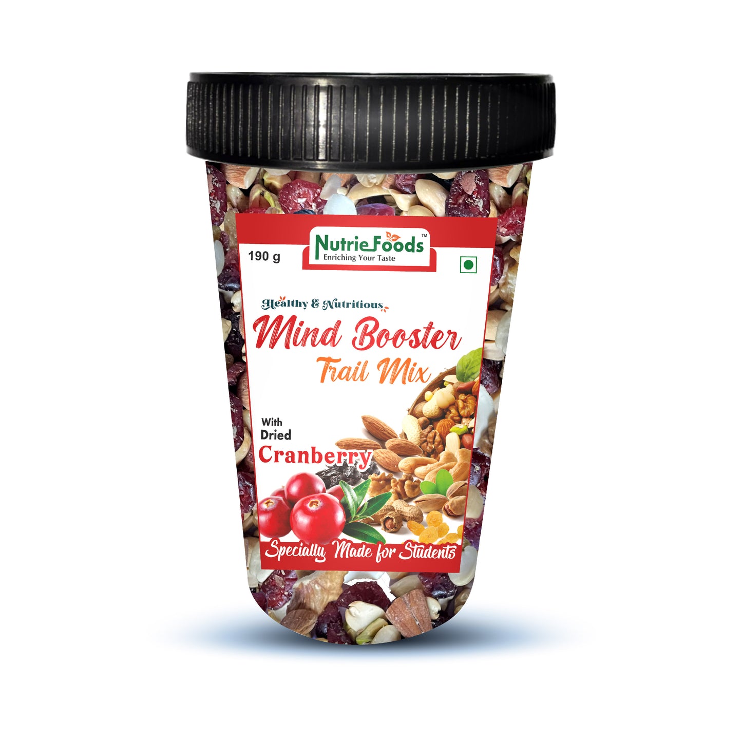 Nutriefoods Nutritious Mind Booster Roasted Snack Trail Mix With Dried Cranberries | Blend of Dried Fruits & Nuts (190gm)