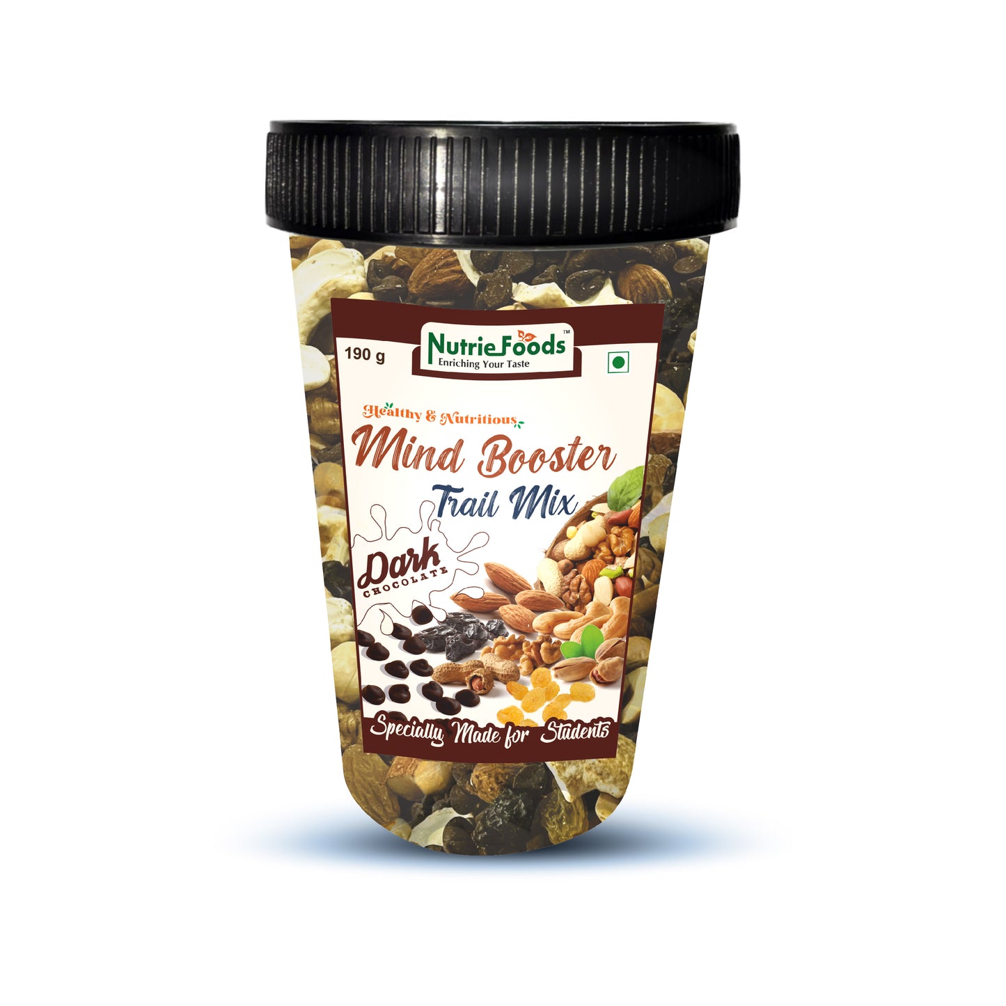 Nutriefoods Nutritious Mind Booster Roasted Snack Trail Mix With Dark Chocolate Chunks | Blend of Dried Fruits & Nuts (190gm)