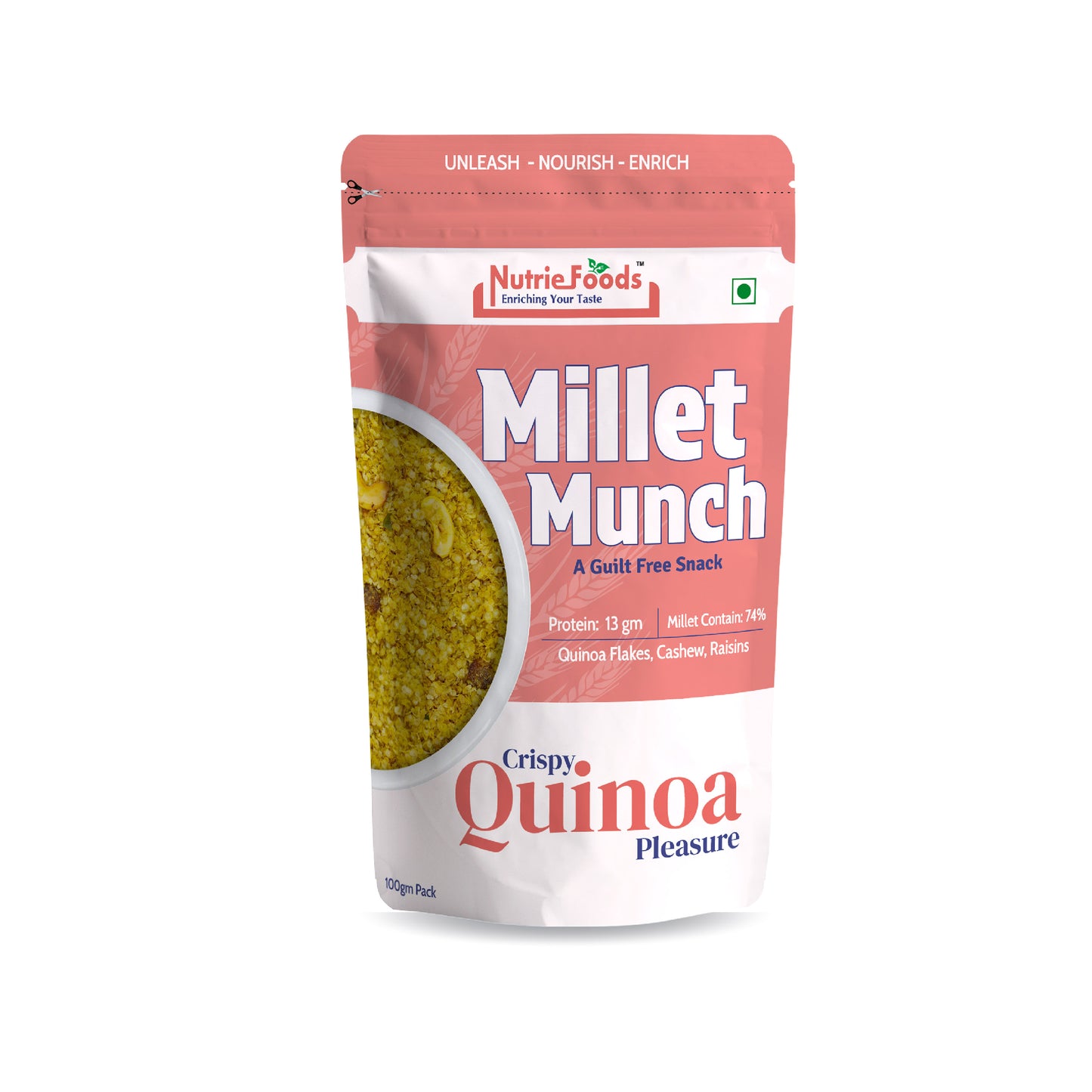 Nutriefoods Millet Munch-Crispy Quinoa Pleasure, Blend of Quinoa Millet, Cashews, and Raisins Mixture (100gm)