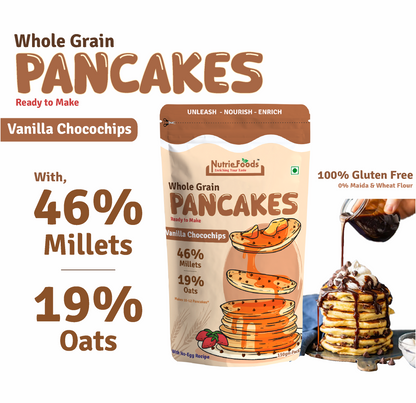 Nutriefoods Millet Pancakes Mix, 0% Maida, Contains Millets (46%)- Jawar, Amaranath and Foxtail; Oats (19%), Gluten Free,  Vanilla and Chocochips (150gm)