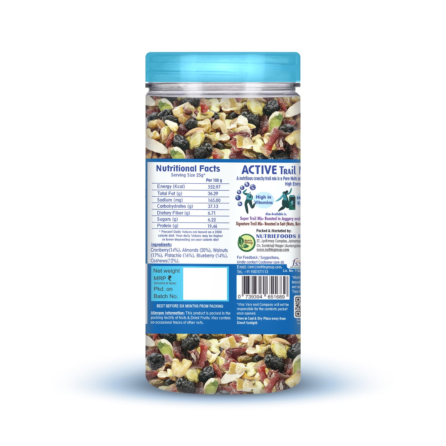 Nutriefoods Active Trail Mix | Blend of Almonds, Walnuts, Pistachio, Cashews, Cranberry and Blueberry (150g)