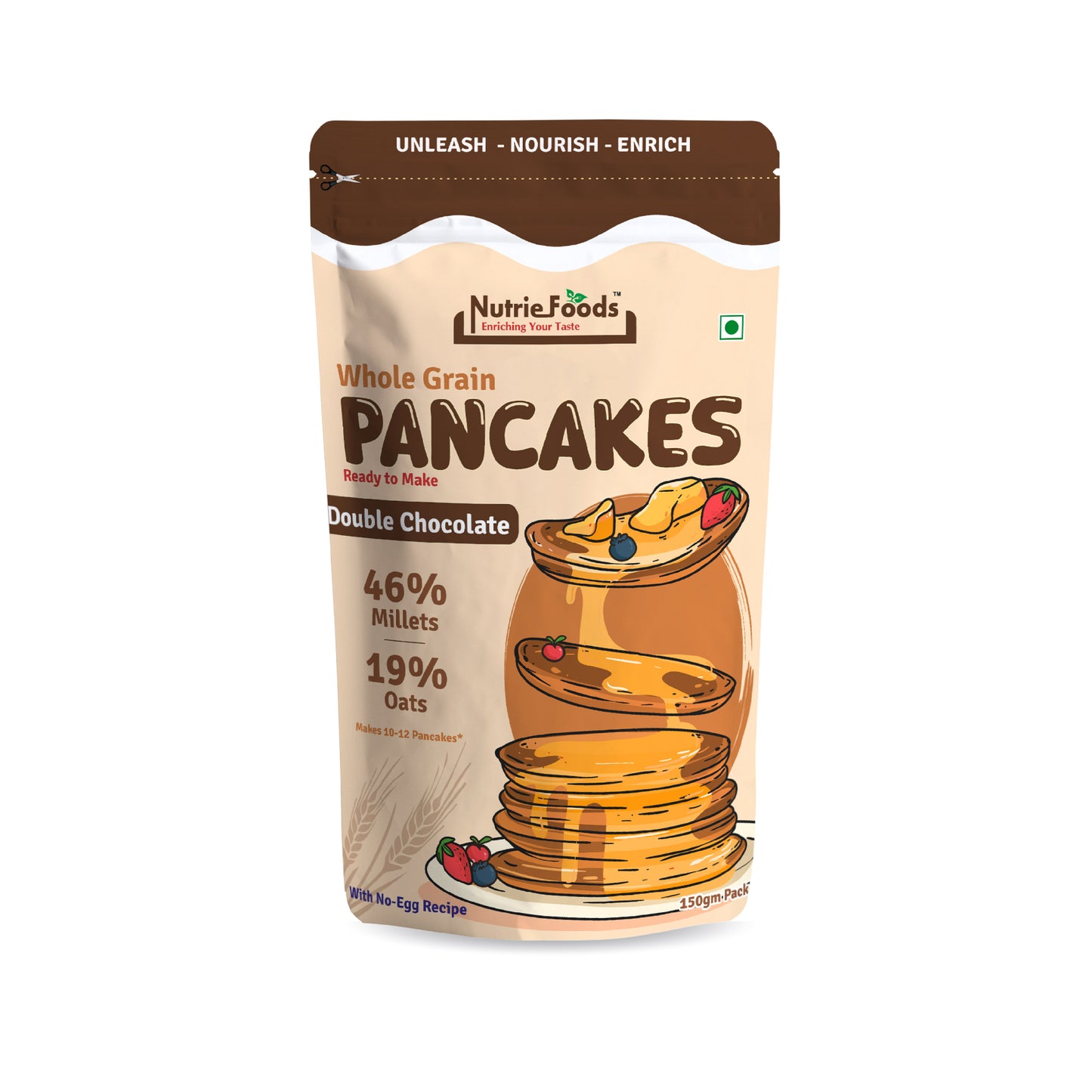 Nutriefoods Millet Pancakes Mix, 0% Maida, Contains Millets (46%)- Jawar, Amaranath and Foxtail; Oats (19%), Gluten Free,  Double Chocolate (150gm)