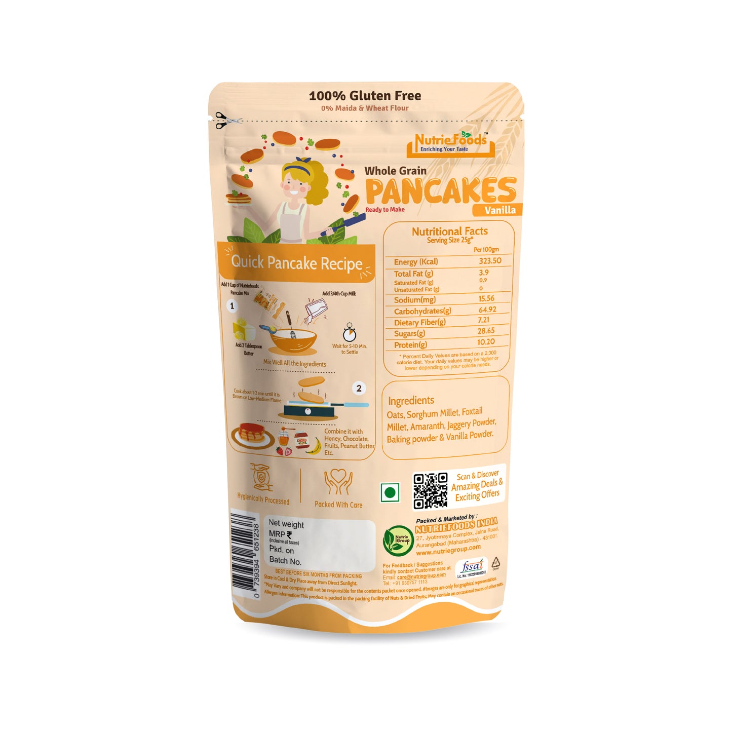 Nutriefoods Millet Pancakes Mix, 0% Maida, Contains Millets (46%)- Jawar, Amaranath and Foxtail; Oats (19%), Gluten Free,  Vanilla (150gm)