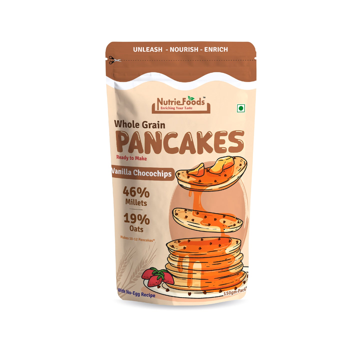 Nutriefoods Millet Pancakes Mix, 0% Maida, Contains Millets (46%)- Jawar, Amaranath and Foxtail; Oats (19%), Gluten Free,  Vanilla and Chocochips (150gm)