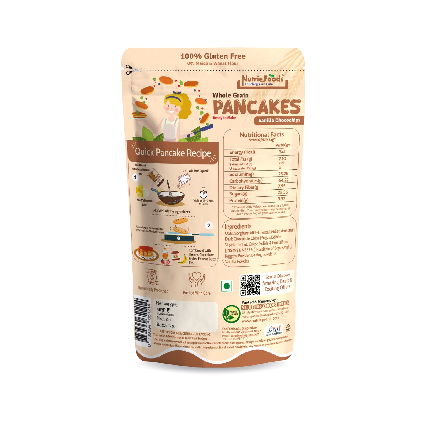 Nutriefoods Millet Pancakes Mix, 0% Maida, Contains Millets (46%)- Jawar, Amaranath and Foxtail; Oats (19%), Gluten Free,  Vanilla and Chocochips (150gm)