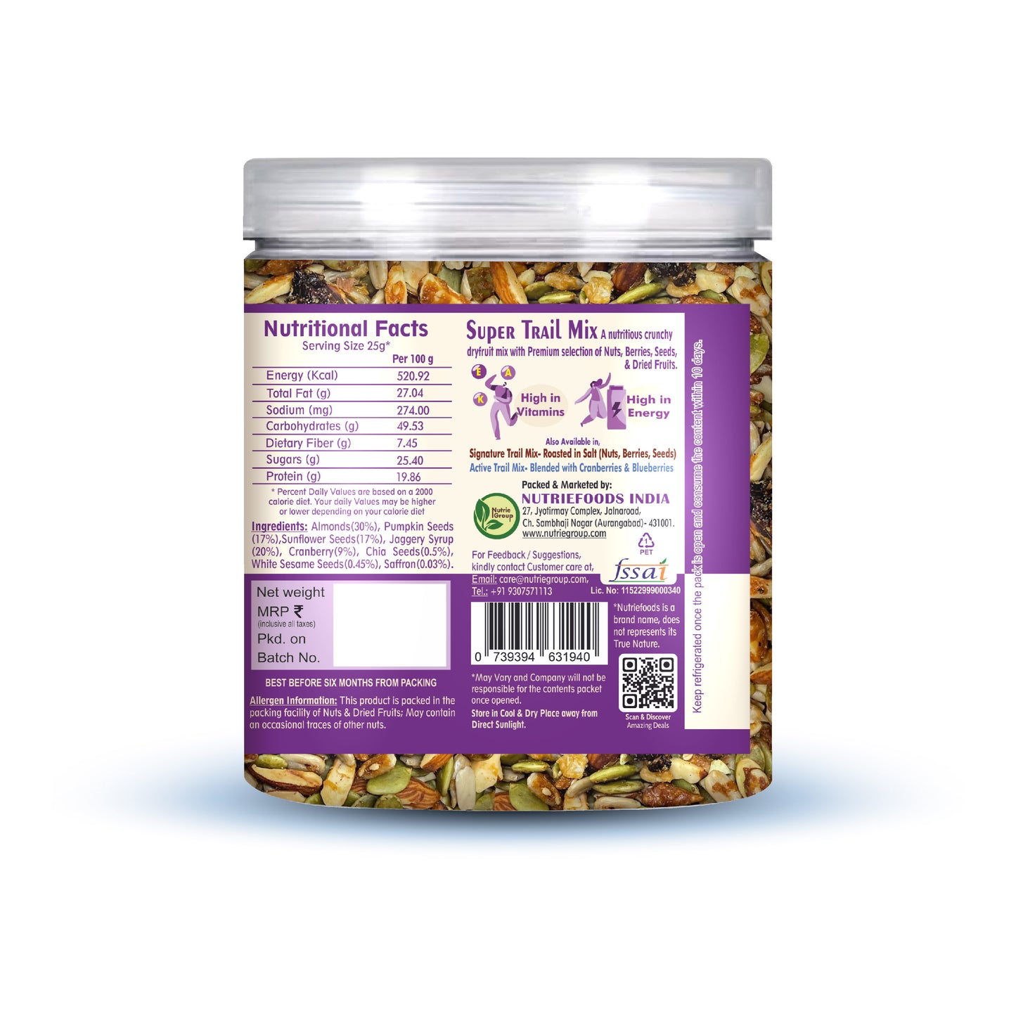 Nutriefoods Super Trail Mix (Mixed Dry Fruits), Roasted in Jaggery and Saffron with Blend of Berries, Dried Fruits, Seeds and Nuts